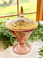 Vintage Pink Depression Glass Candy Dish with Lid | Gold Floral Pedestal Compote