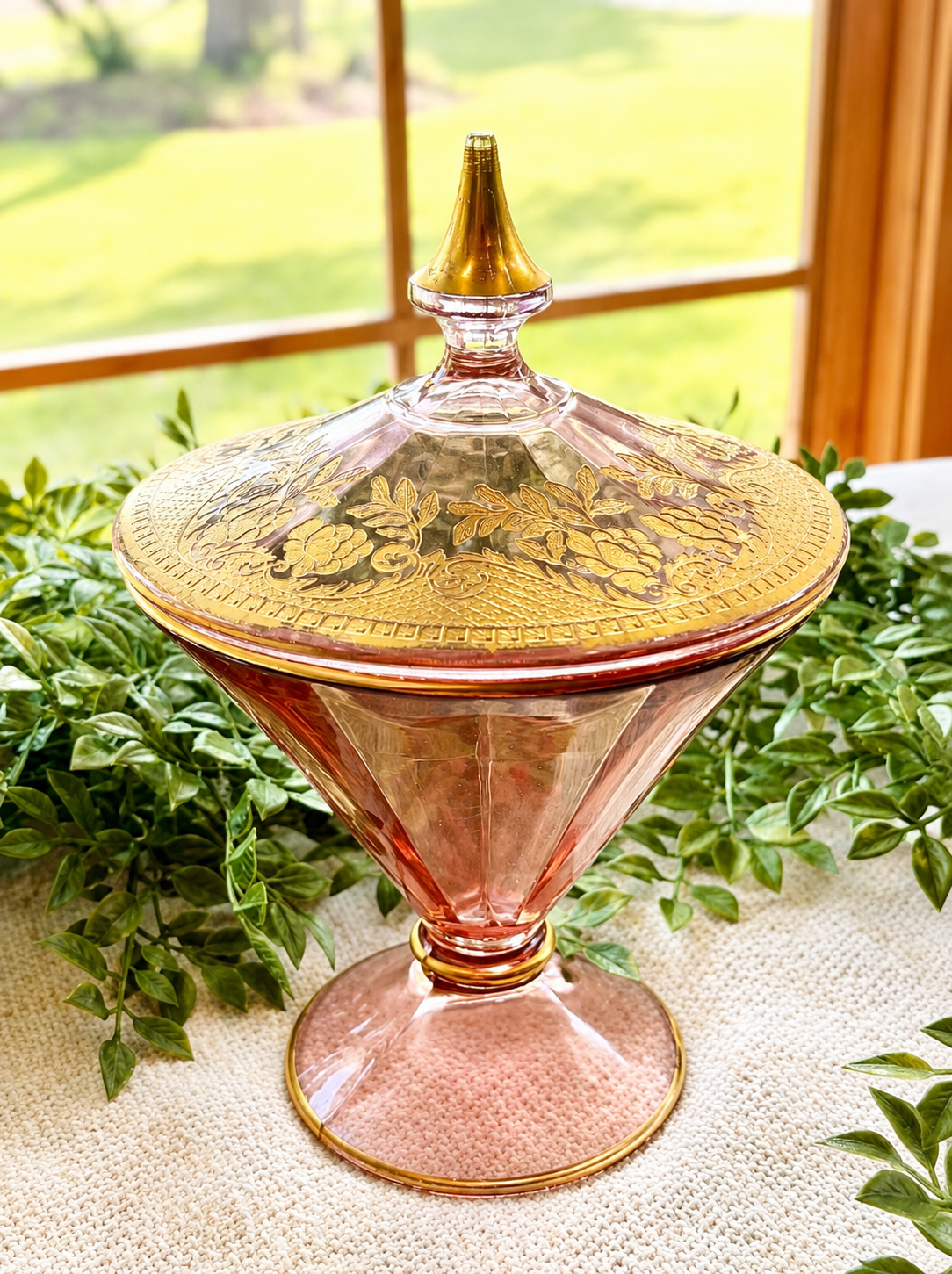 Vintage Pink Depression Glass Candy Dish with Lid | Gold Floral Pedestal Compote