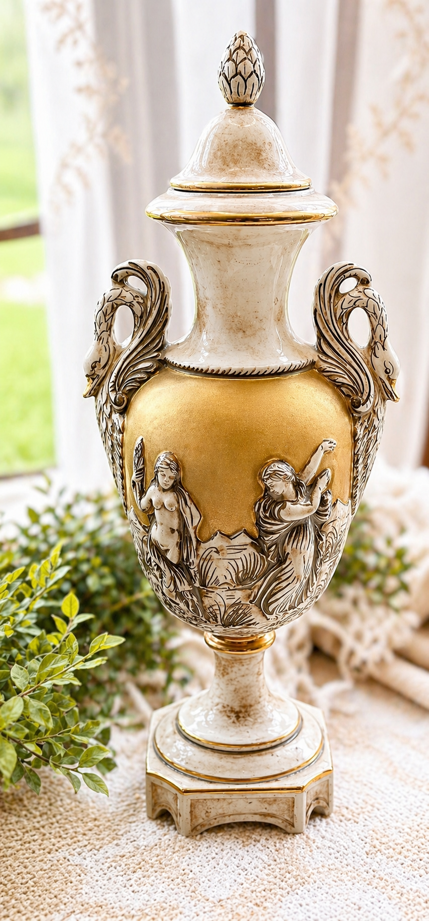 Vintage Capodimonte Italy Covered Urn Vase with Swan Handles & Figural Relief