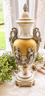 Vintage Capodimonte Italy Covered Urn Vase with Swan Handles & Figural Relief