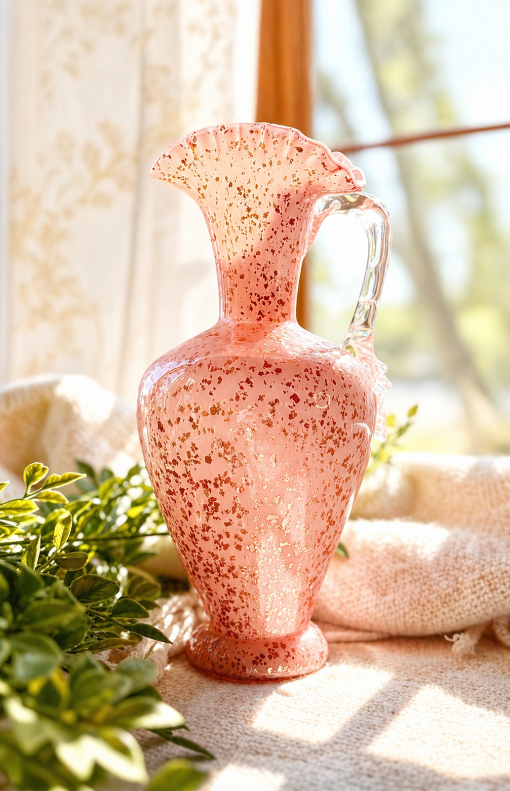 Antique Victorian Pink Art Glass Pitcher with Mica Attributed to Stevens & Williams