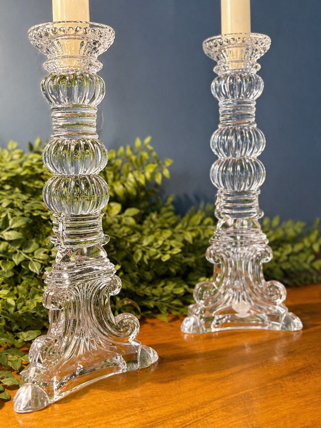 Pair of Vintage Bombay Pressed Glass Candlesticks