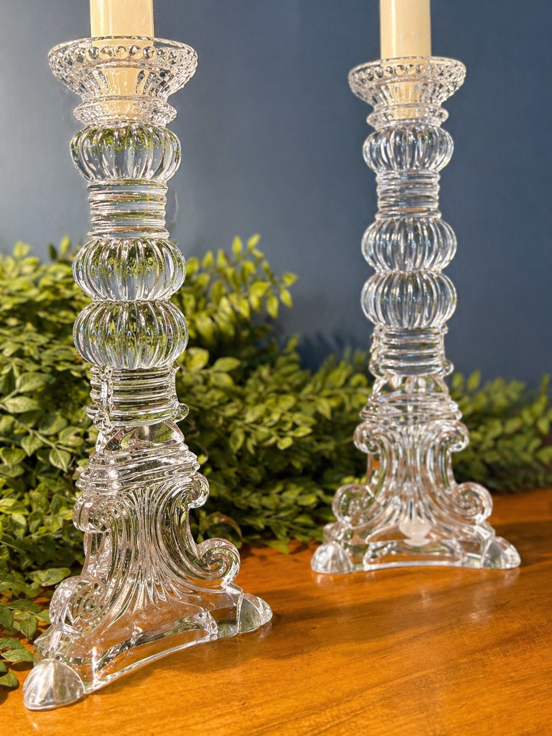 Pair of Vintage Bombay Pressed Glass Candlesticks