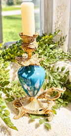 Vintage Cobalt Blue Porcelain & Ormolu Chamberstick Candlestick