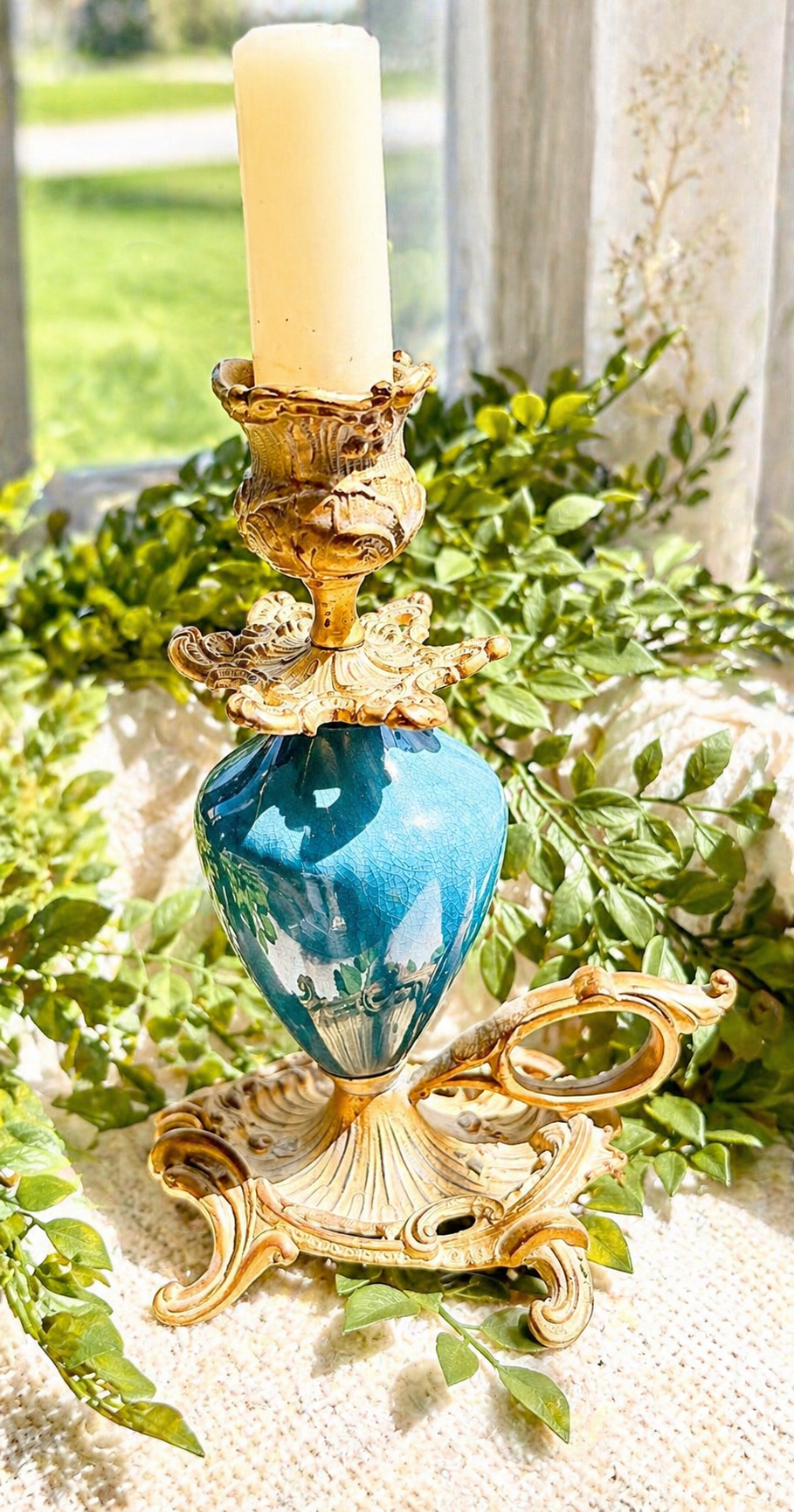 Vintage Cobalt Blue Porcelain & Ormolu Chamberstick Candlestick