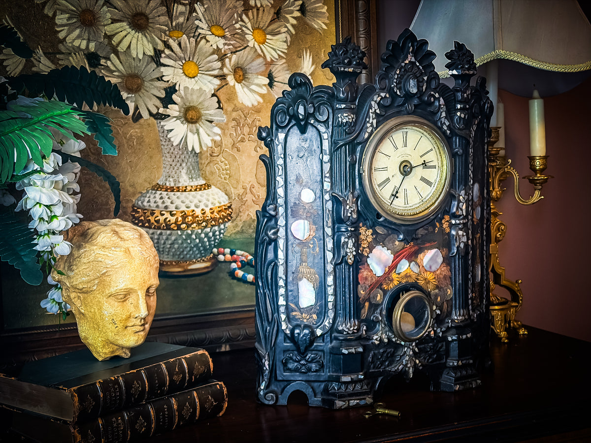 Antique 19th Century Terhune & Edwards Gothic Revival Mother-of-Pearl Mantel Clock