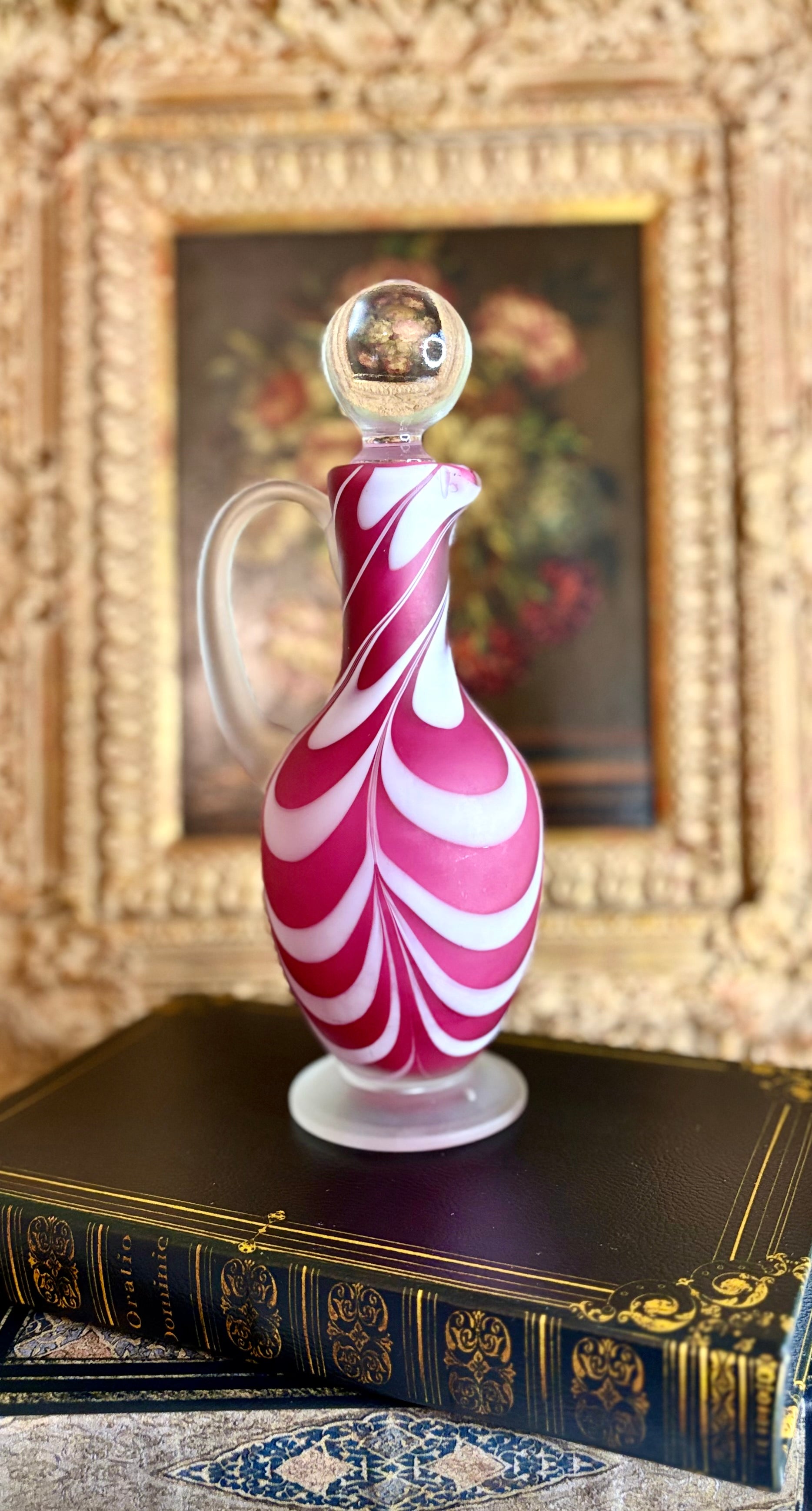 Antique Nailsea Cranberry & White Swirl Glass Cruet