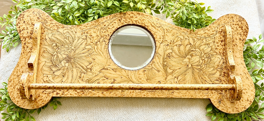 Antique Art Nouveau Style Wall Towel Rack with Mirror | Floral Pyrography Wood Wall Hanging