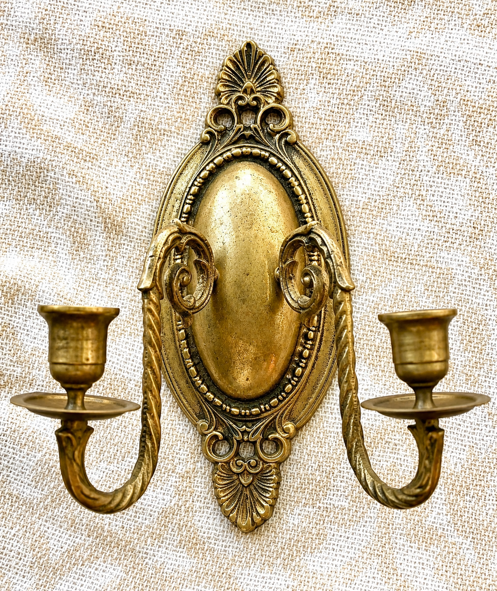 Pair of Antique Brass Wall Sconces | Ornate Victorian Double Arm Candle Holders