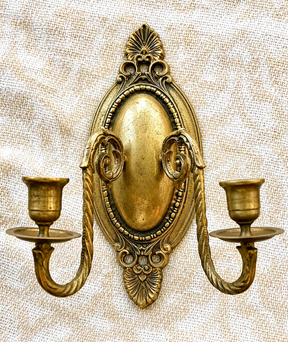 Pair of Antique Brass Wall Sconces | Ornate Victorian Double Arm Candle Holders