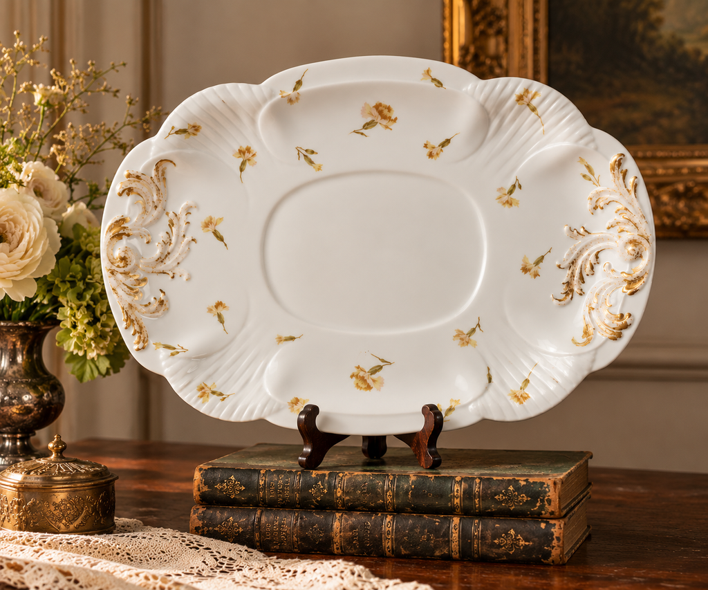 Antique G.D. & Cie Limoges France Porcelain Serving Platter with Gilt Rococo Scrollwork