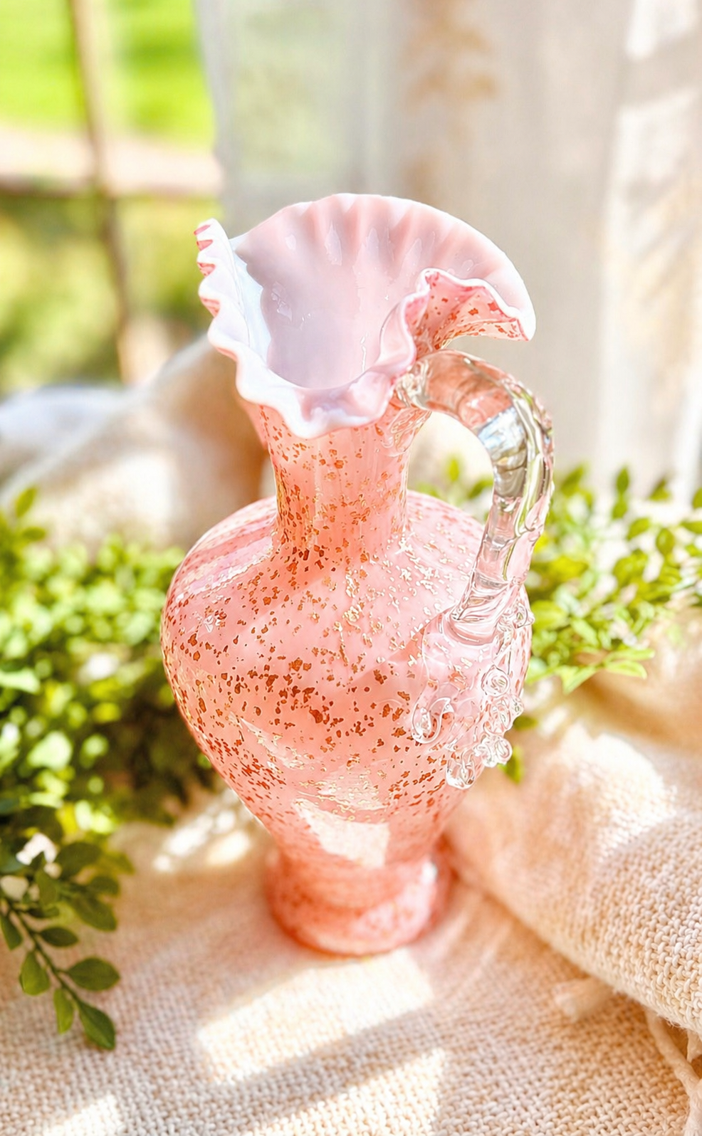 Antique Victorian Pink Art Glass Pitcher with Mica Attributed to Stevens & Williams
