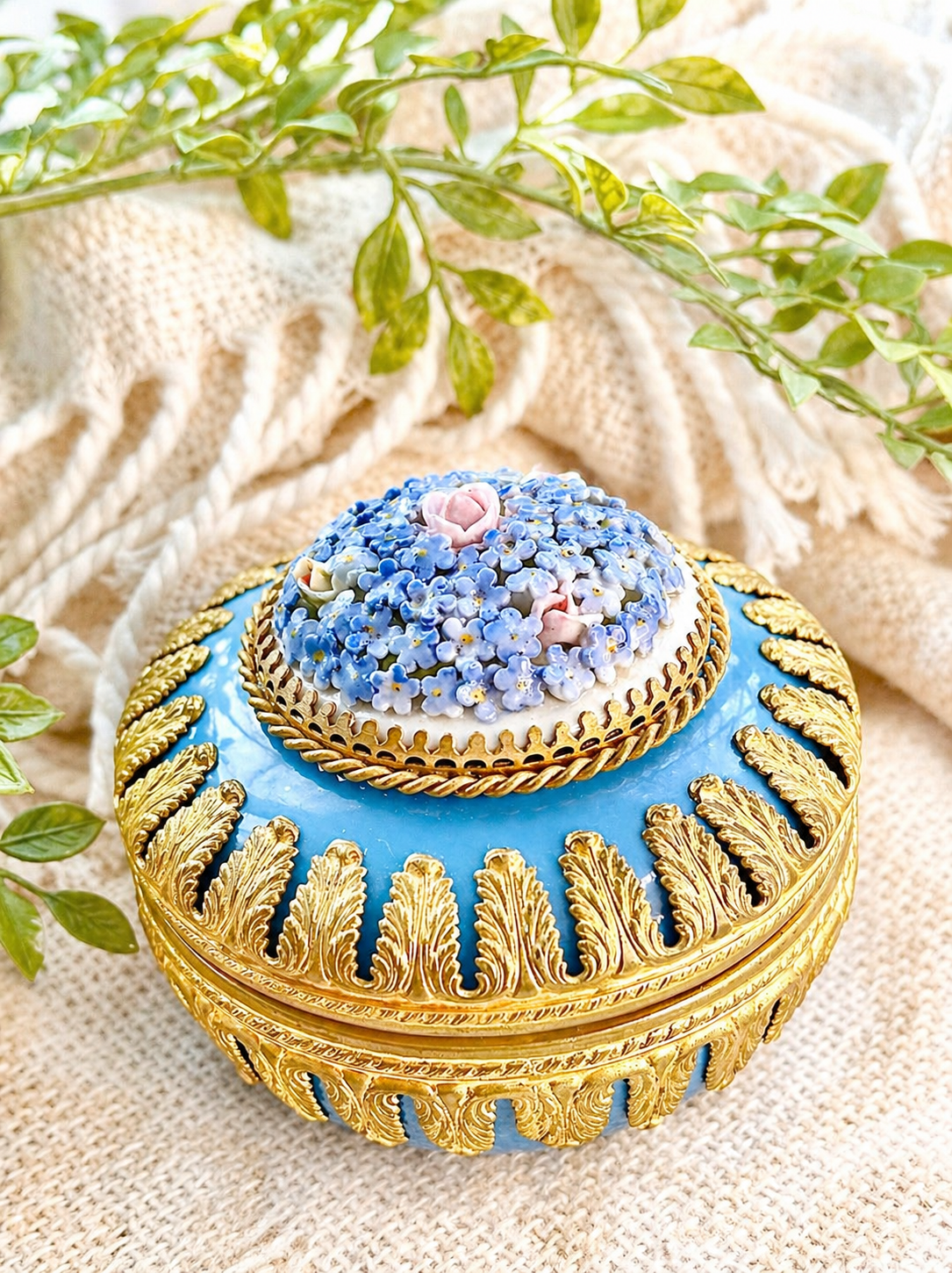 Vintage Blue Guilloché Trinket Box with Floral Porcelain Bouquet Lid