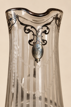 Antique Art Nouveau Etched Glass Pitcher | Silver Overlay & Monogrammed Medallion