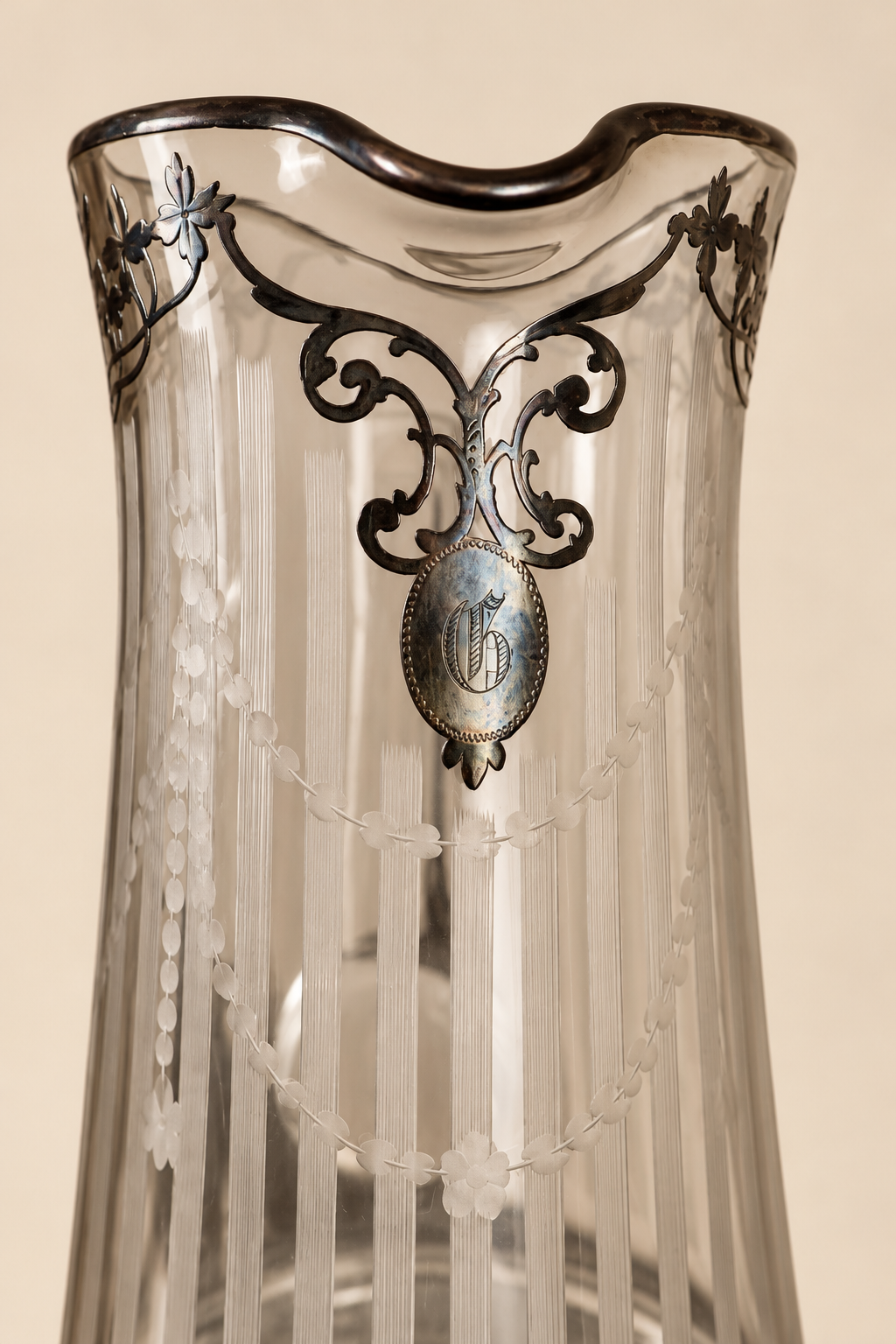 Antique Art Nouveau Etched Glass Pitcher | Silver Overlay & Monogrammed Medallion