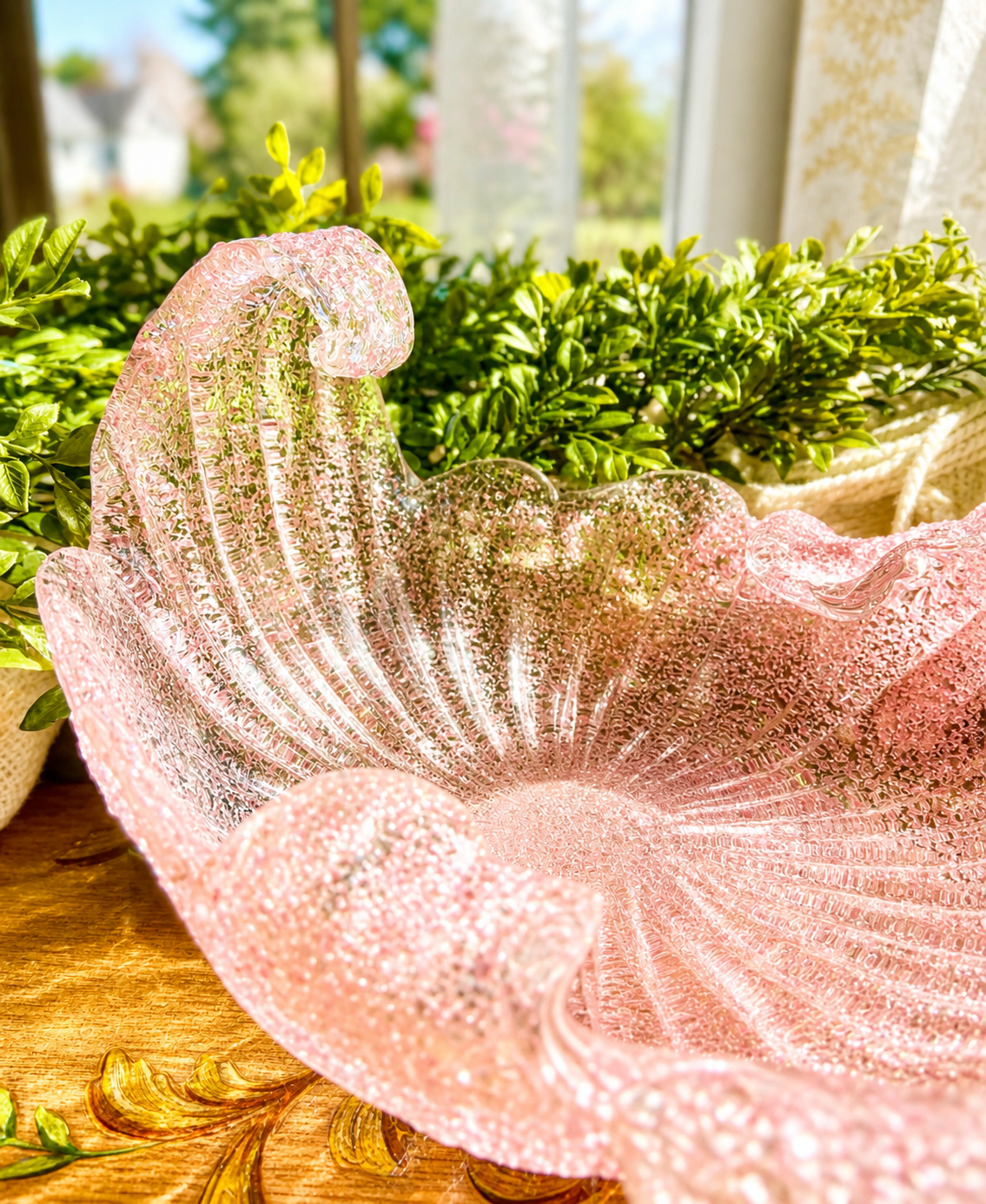 Vintage Pink Italian Murano Textured Glass Cornucopia Bowl