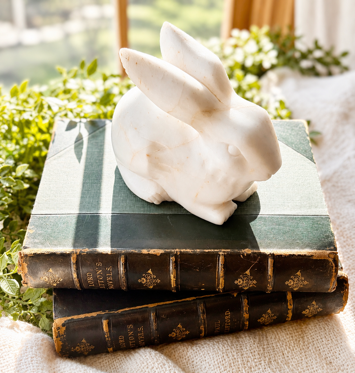 Vintage Carved White Marble Rabbit Figurine