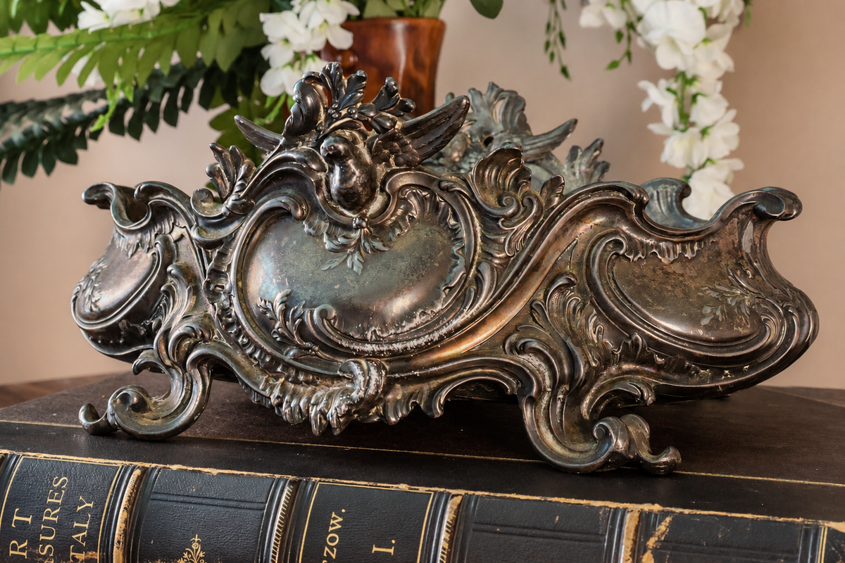 Ornate Rococo Revival Metal Jardinière | Winged Bird & Scrollwork Centerpiece