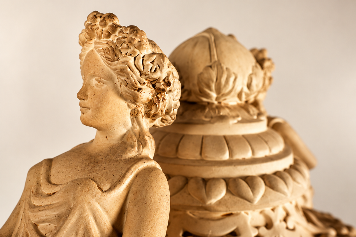 Late 19th–Early 20th Century French Clay Covered Urn with Figural Bust Handles