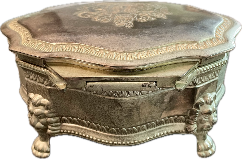Vintage Silverplate Jewelry Casket with Lion Feet & Crest Engraving
