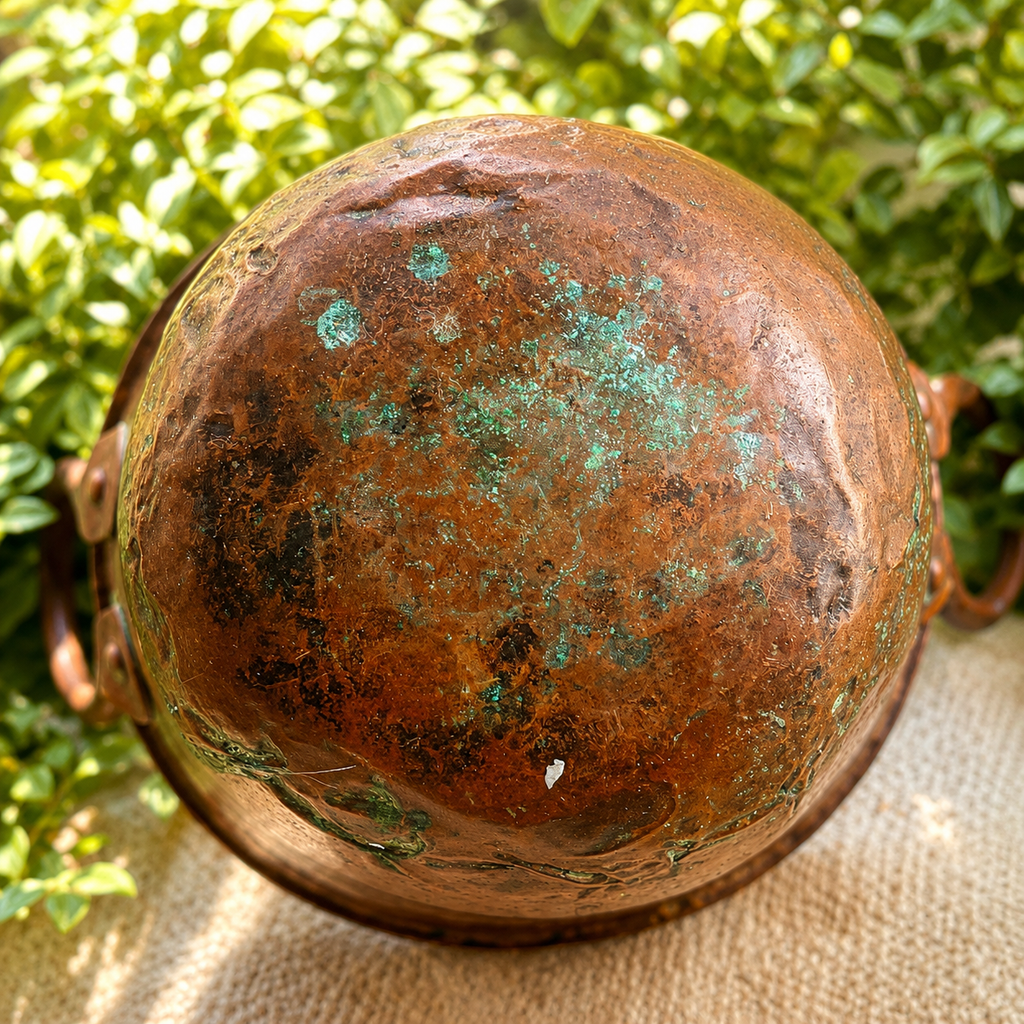 Antique Hand-Hammered Copper Pot with Riveted Handles | Primitive French Country Kitchen Décor
