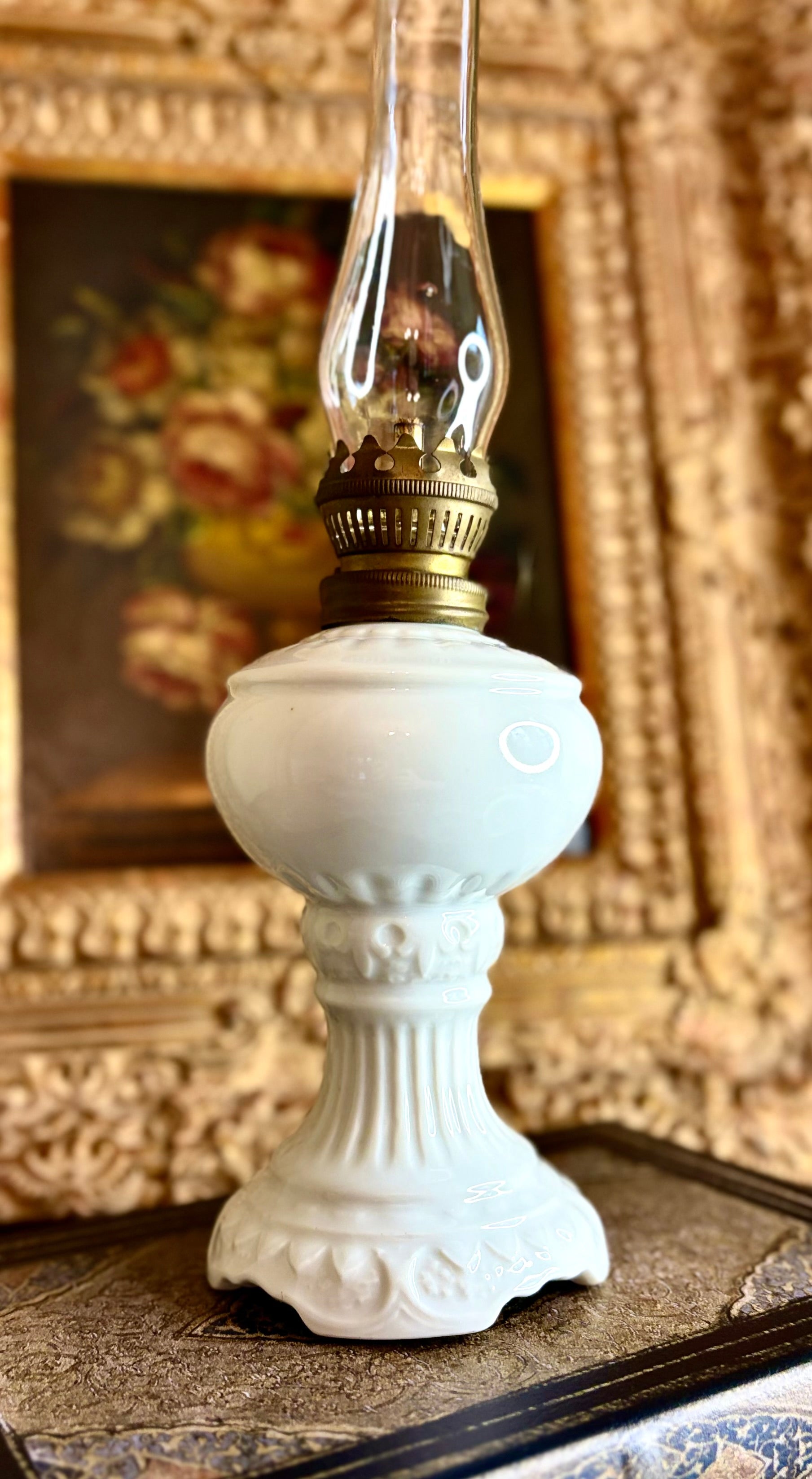 Vintage White Milk Glass Oil Lamp with Brass Burner