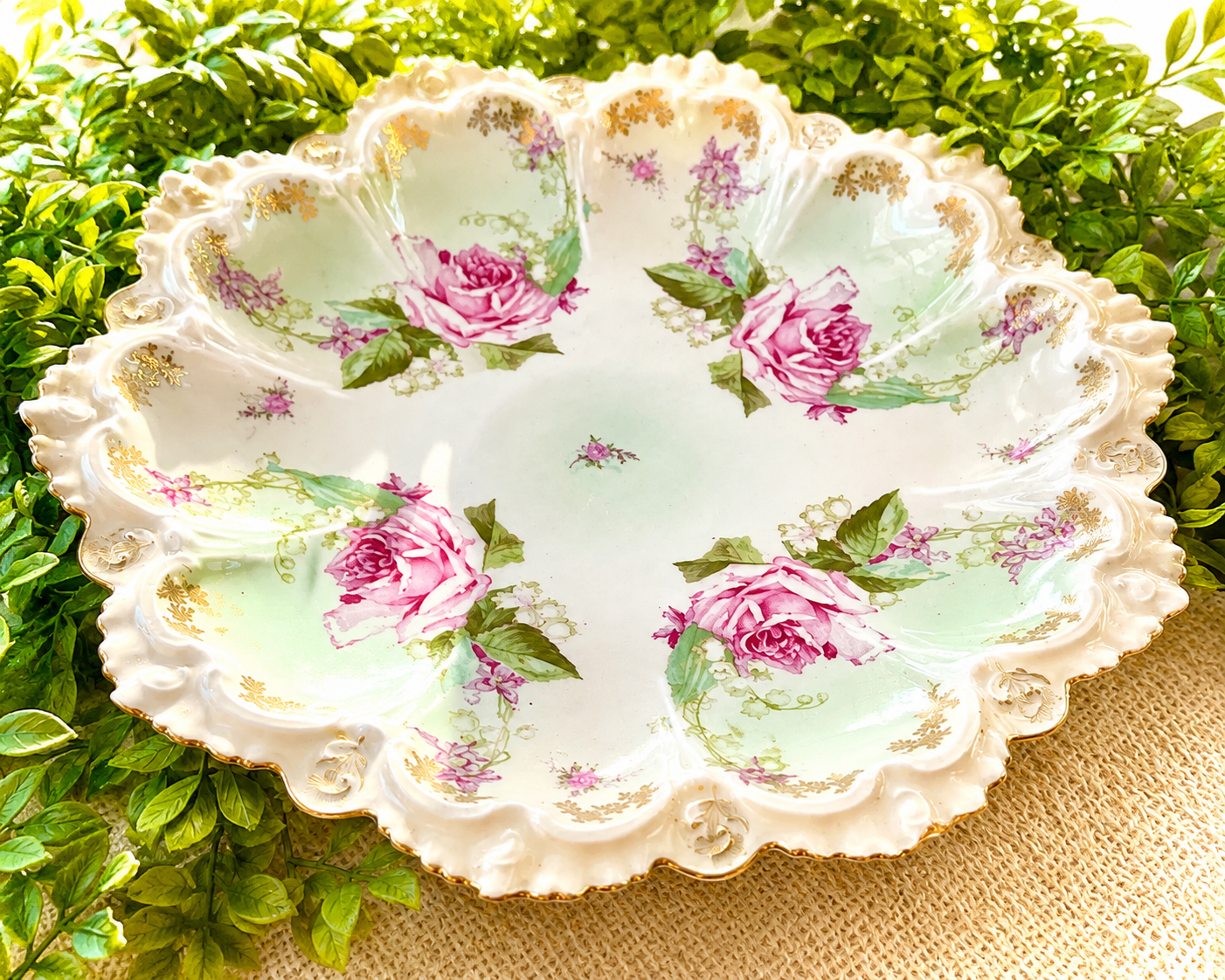 Antique Austrian Porcelain Rose Compote Bowl | Scalloped Gilt Floral Centerpiece | M.Z. Austria