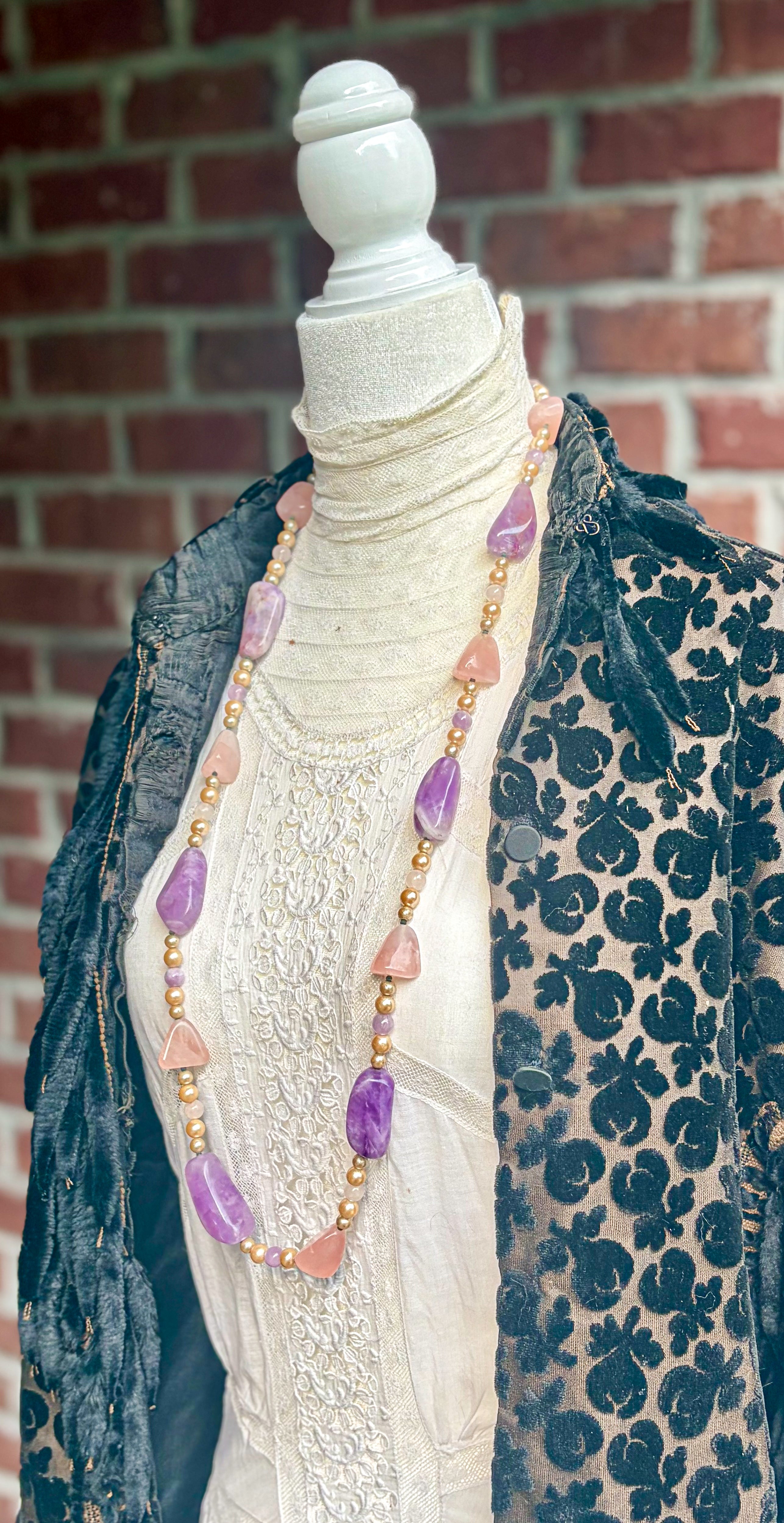 Vintage Carol DuPlaise Amethyst, Rose Quartz & Faux Pearl Long Necklace