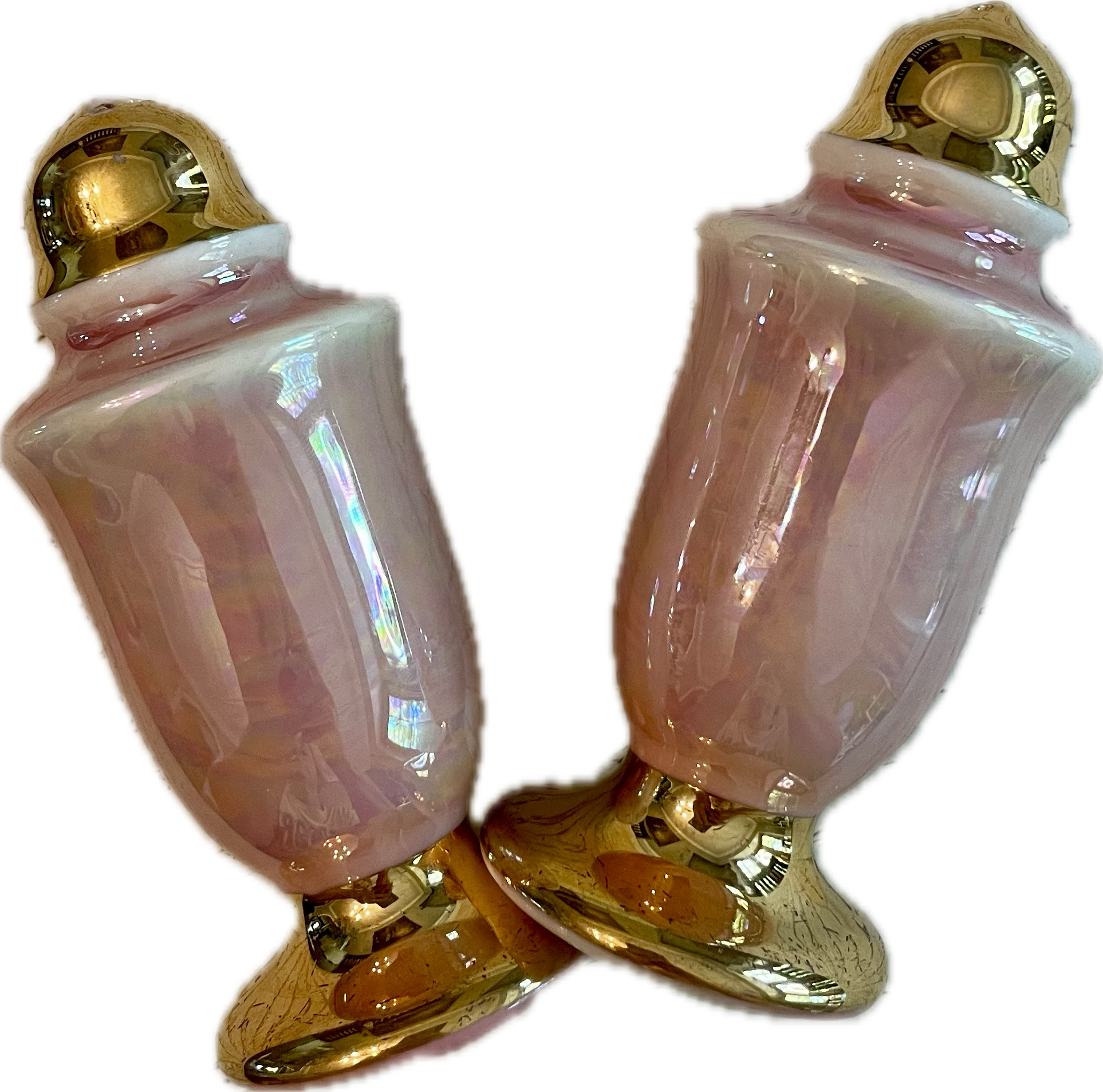 Vintage Pink Lusterware Salt and Pepper Shakers with Gold Trim