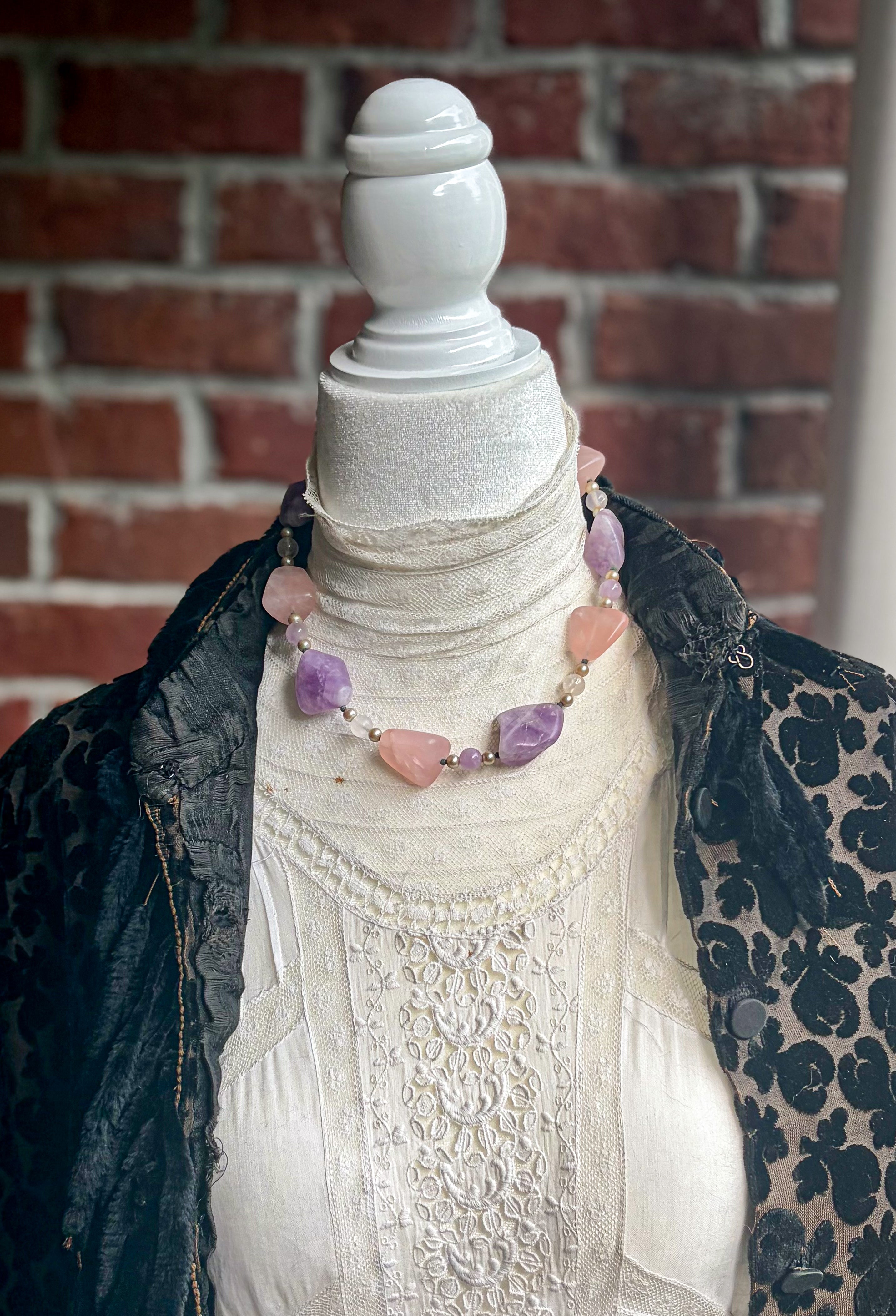Vintage Carol DuPlaise Amethyst & Rose Quartz Statement Necklace