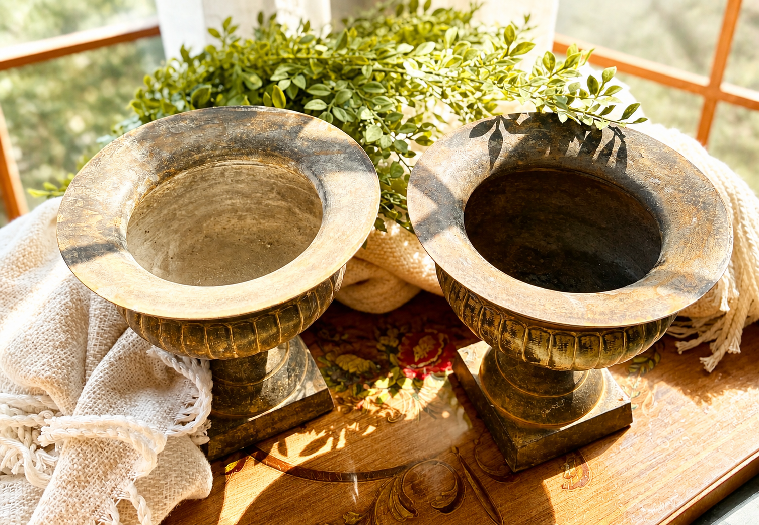 Vintage Pair Brass Urn Planters