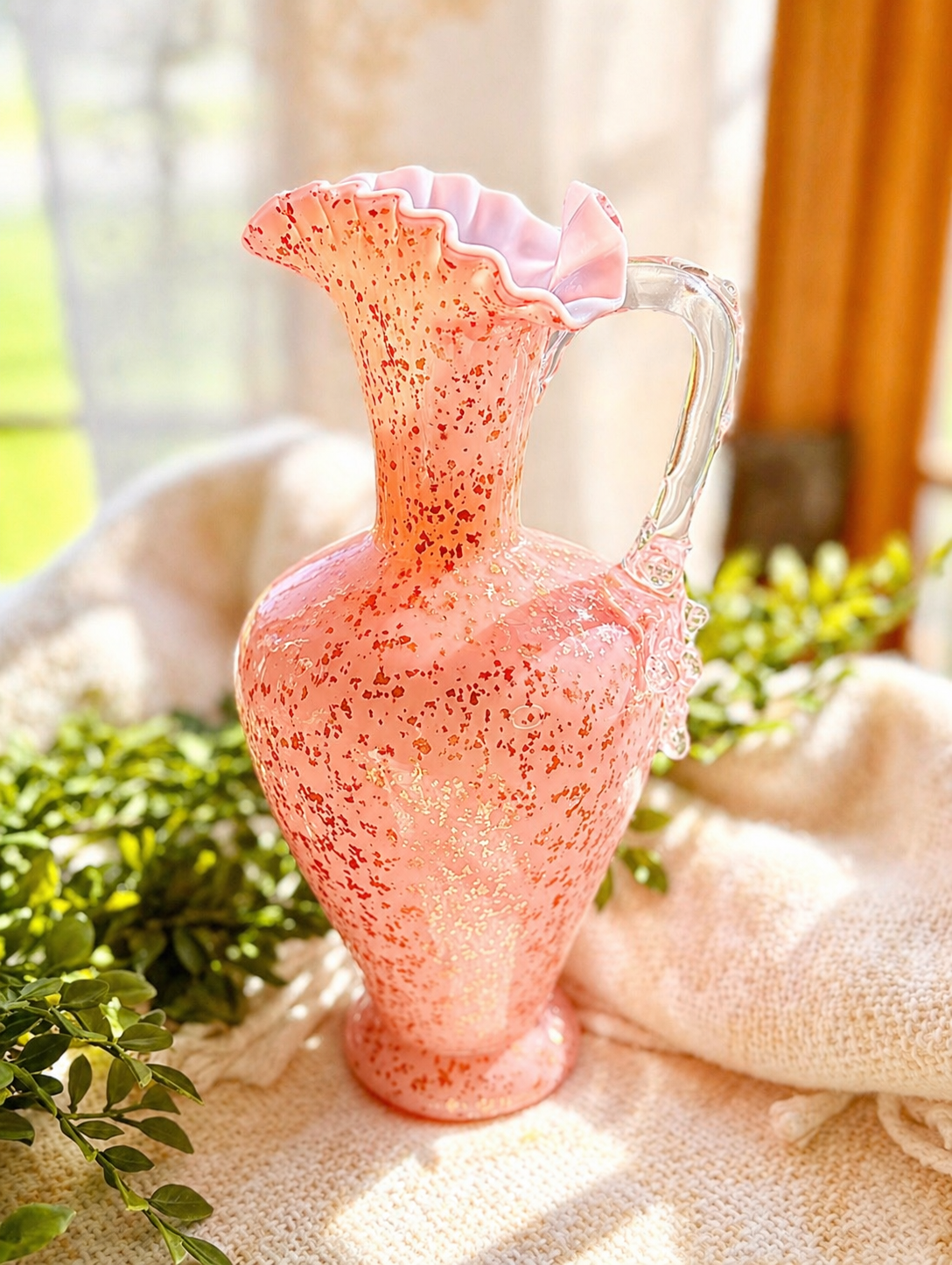 Antique Victorian Pink Art Glass Pitcher with Mica Attributed to Stevens & Williams