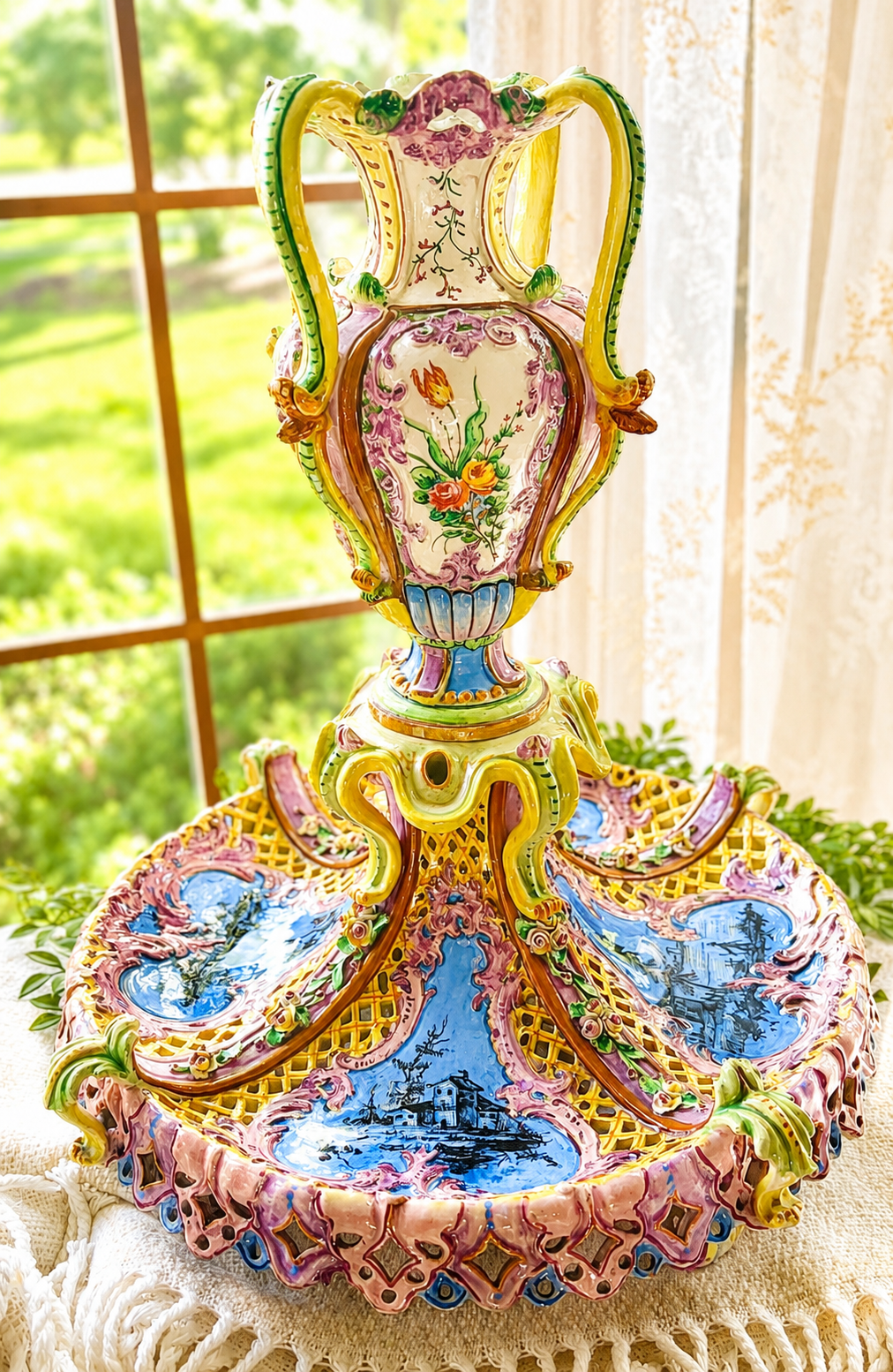Antique Italian Maiolica Centerpiece Garniture Set by Agostinelli Dal Pra – Nove, Italy c.1880–1900