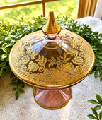 Vintage Pink Depression Glass Candy Dish with Lid | Gold Floral Pedestal Compote