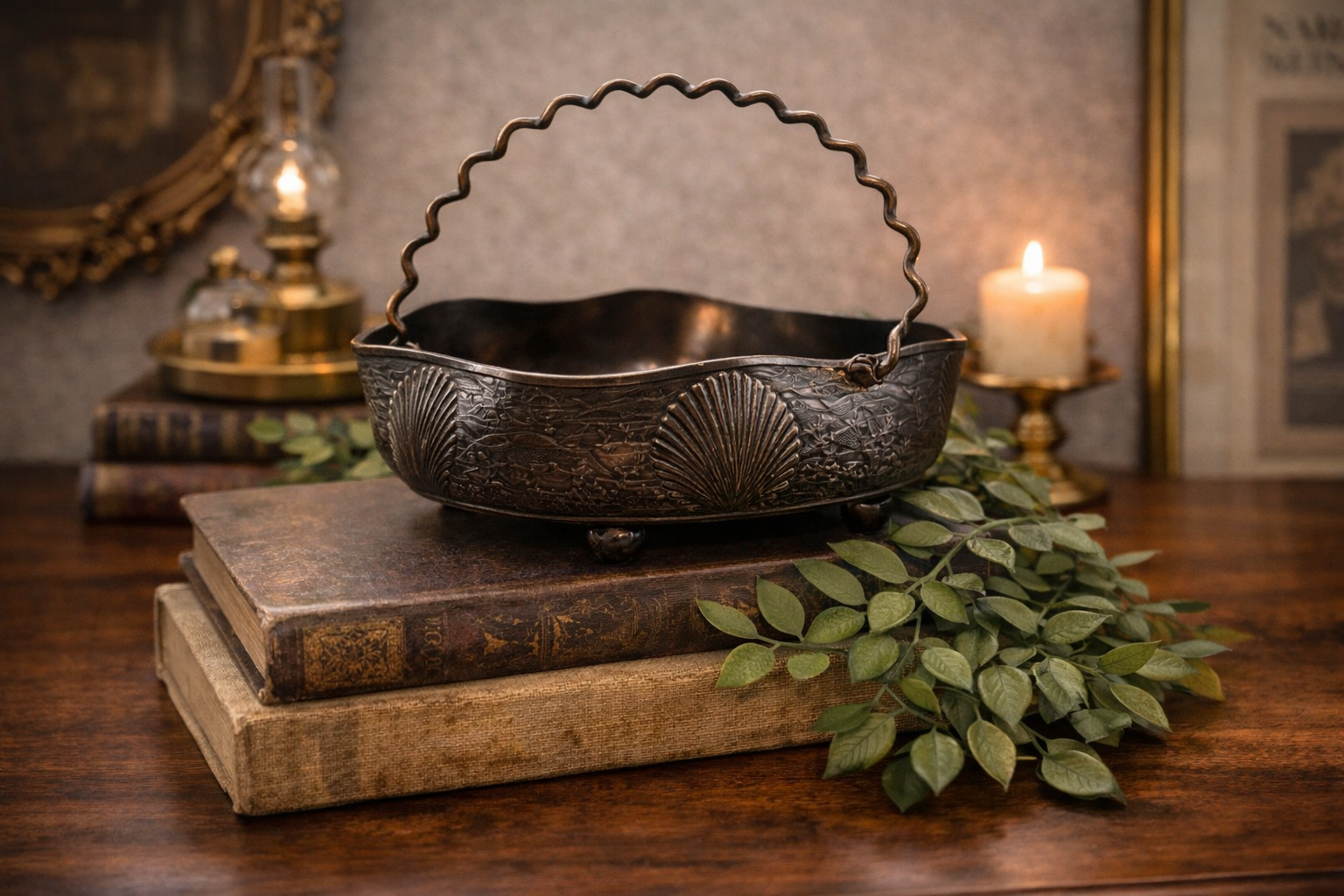 Antique Swan Repoussé Metal Basket with Handle
