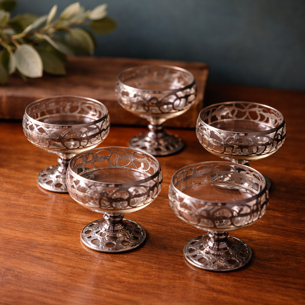 Antique Silver Overlay Cordial Glass Set with Pitcher