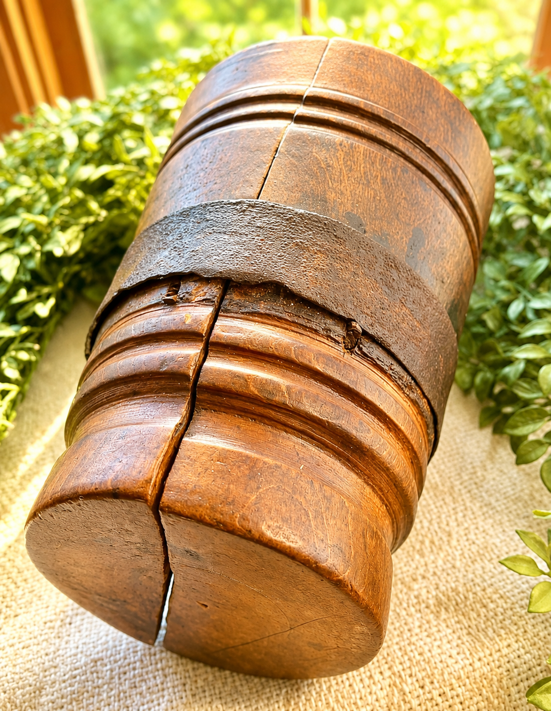 Antique Wooden Mortar & Pestle with Hand-Forged Iron Band | Primitive Apothecary Décor