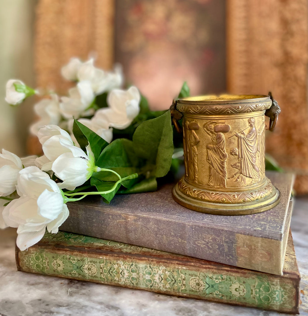 Antique Neoclassical Brass Urn with Greek Figures and Lion Handles