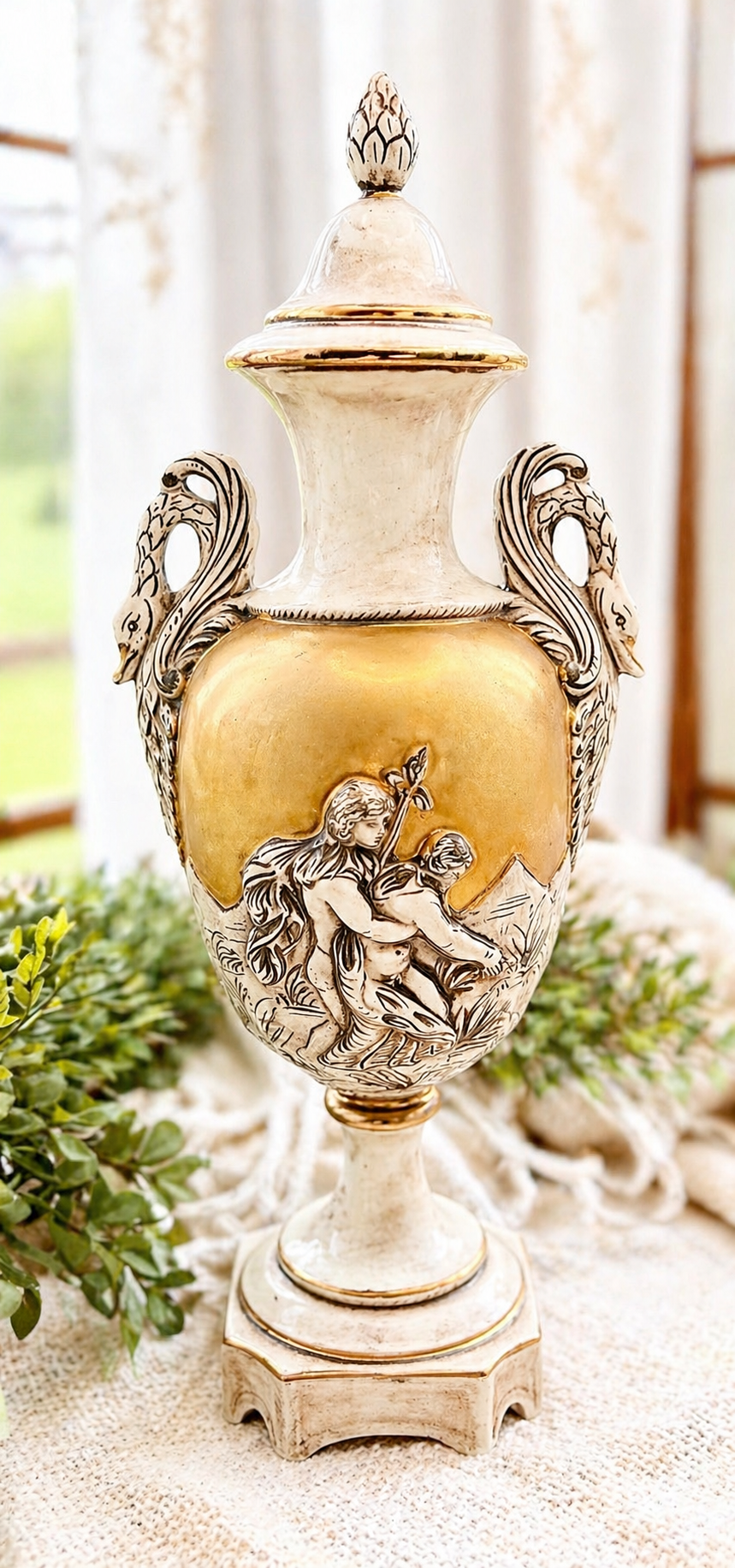 Vintage Capodimonte Italy Covered Urn Vase with Swan Handles & Figural Relief