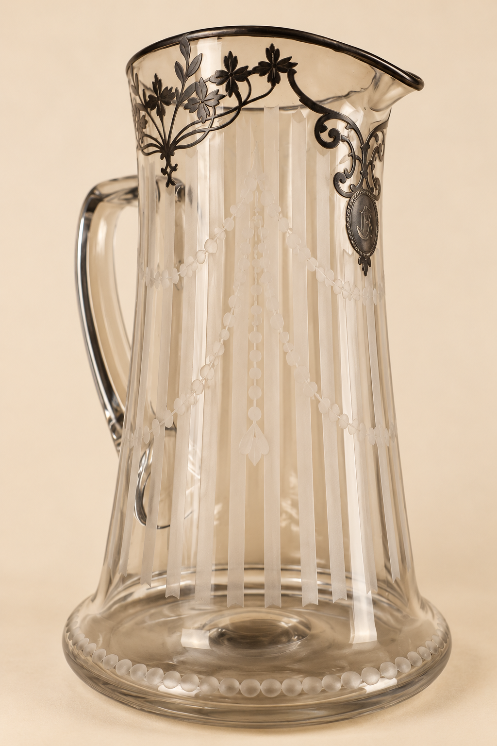 Antique Art Nouveau Etched Glass Pitcher | Silver Overlay & Monogrammed Medallion