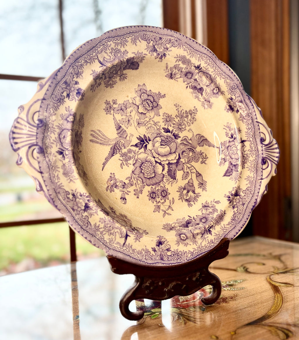Antique Gustavsberg "Asiatic Pheasants" Purple and White Transferware Serving Dish