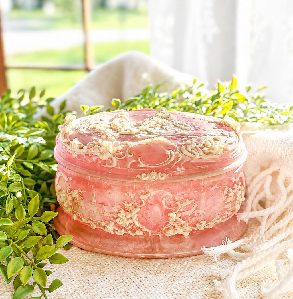 Vintage Pink Genuine Incolay Stone Jewelry Box
