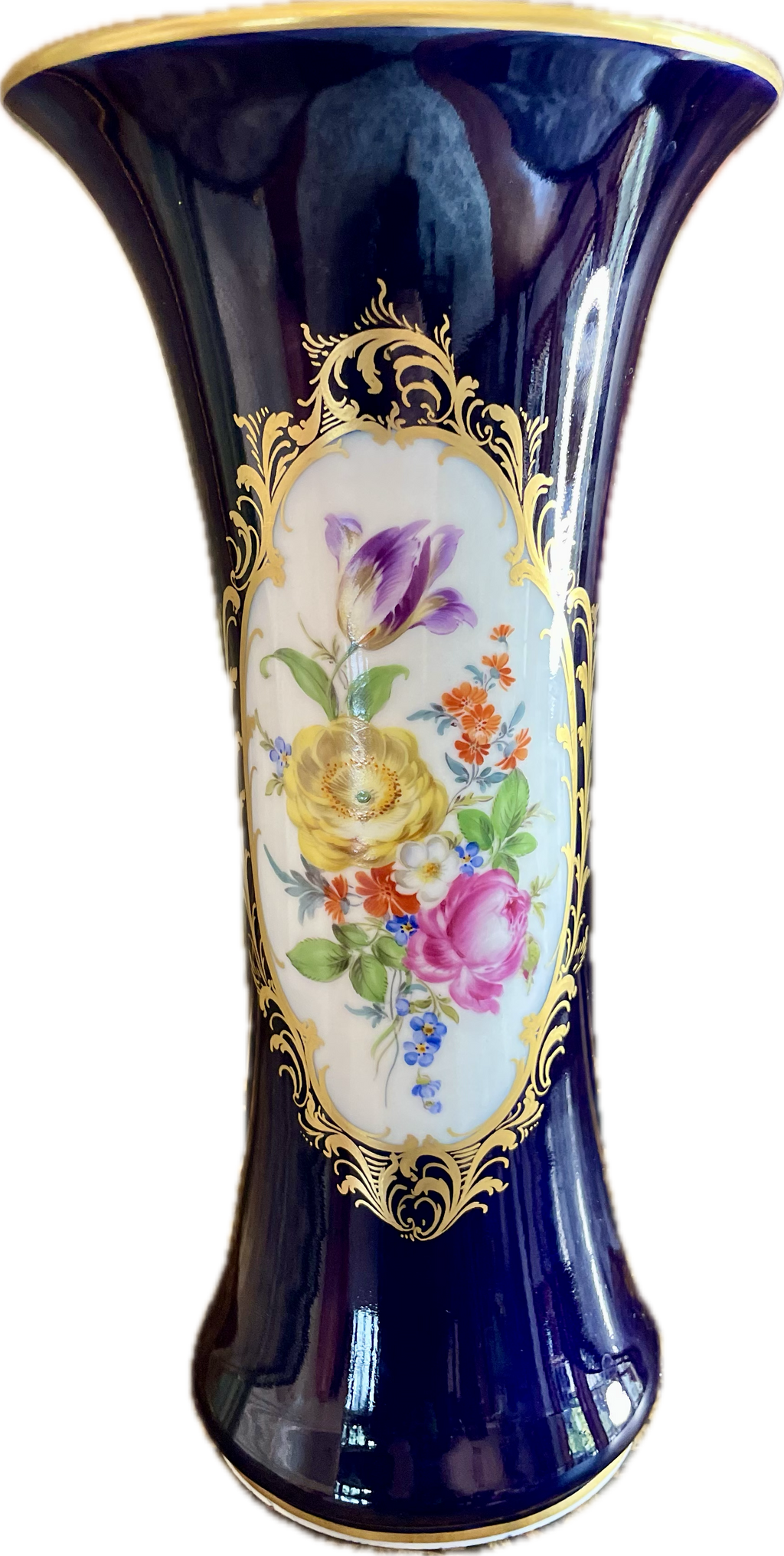 Antique Meissen Cobalt Blue Vase with Hand-Painted Florals and Gilt Detail