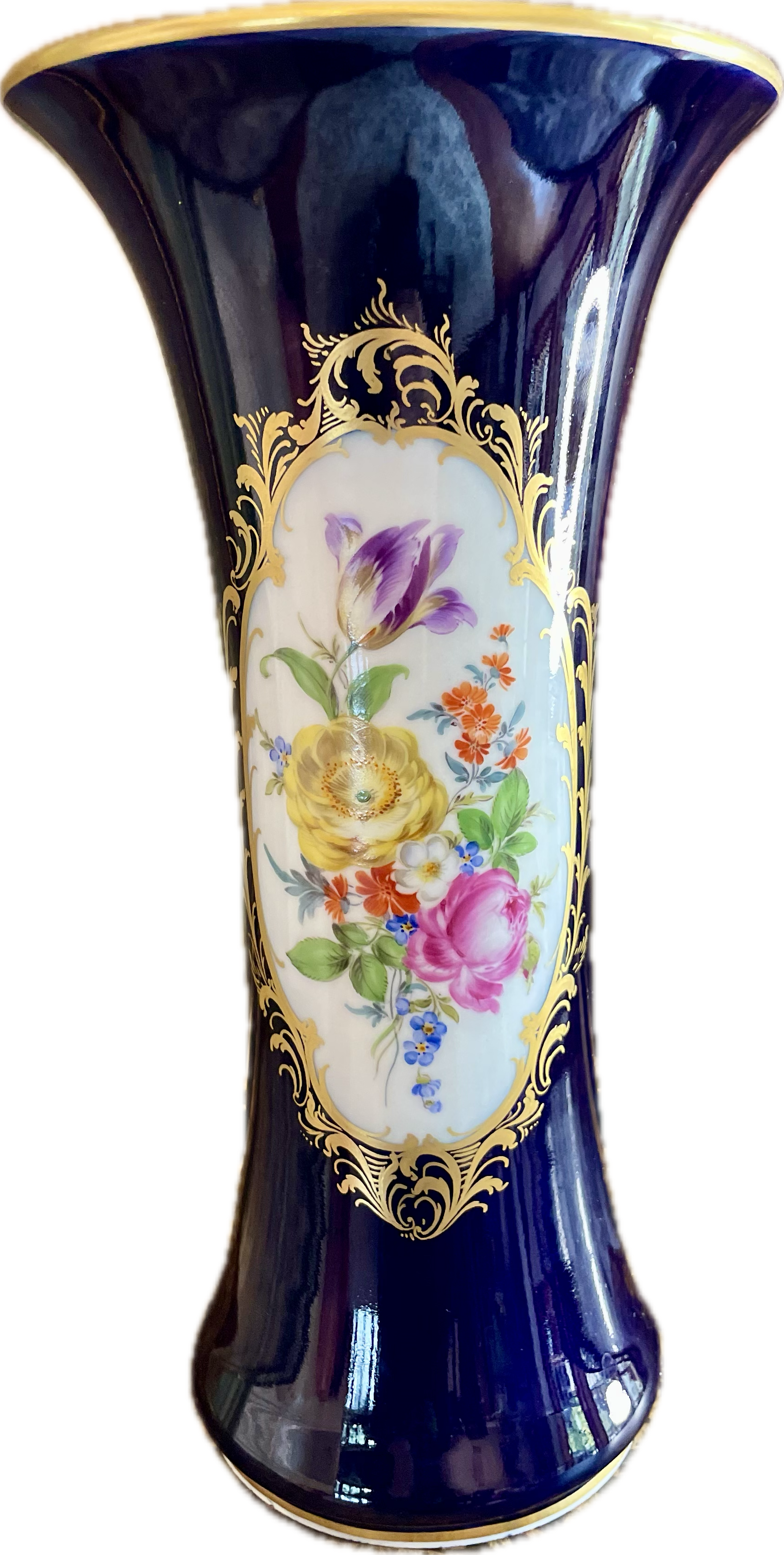 Antique Meissen Cobalt Blue Vase with Hand-Painted Florals and Gilt Detail