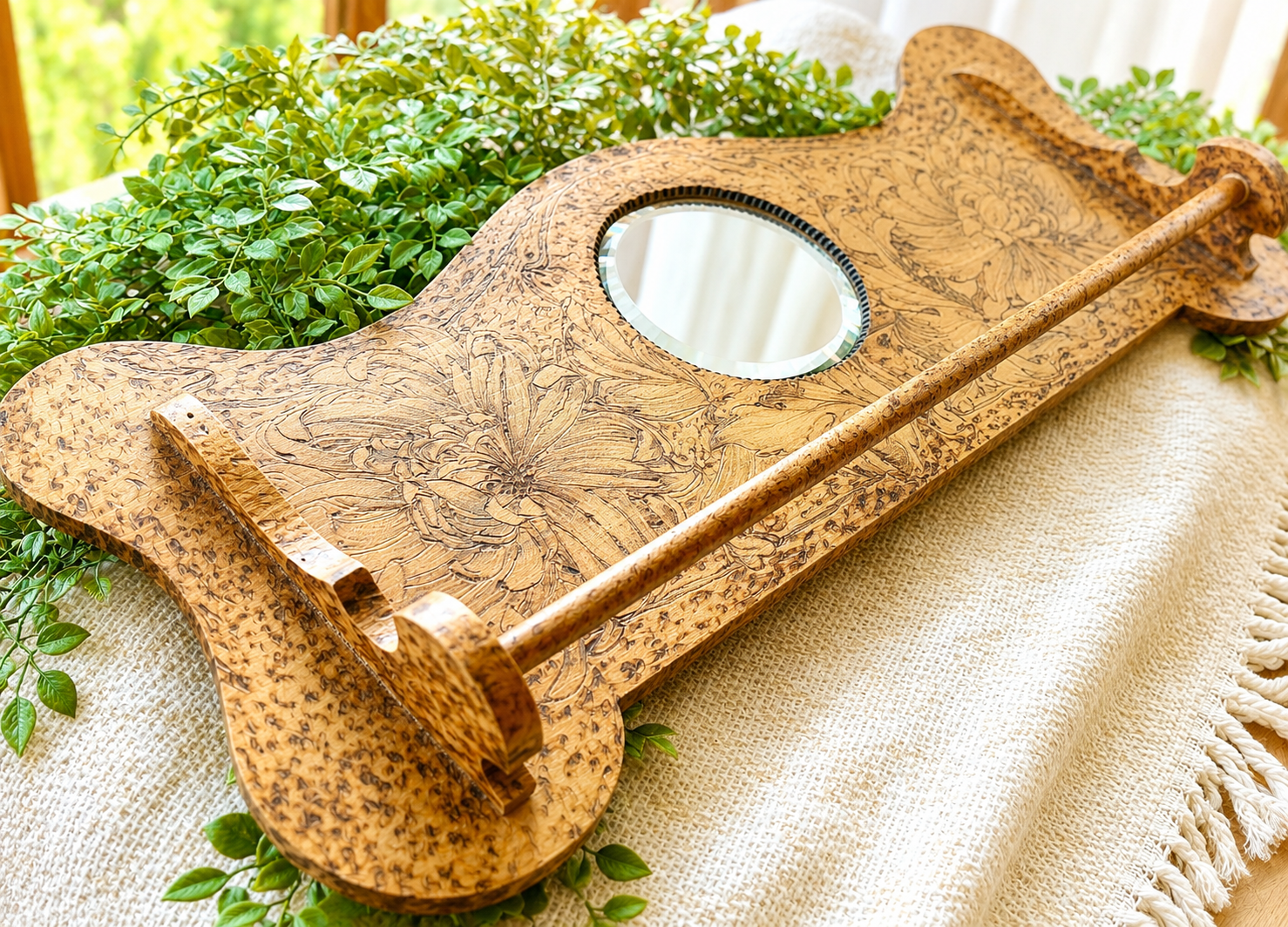 Antique Art Nouveau Style Wall Towel Rack with Mirror | Floral Pyrography Wood Wall Hanging
