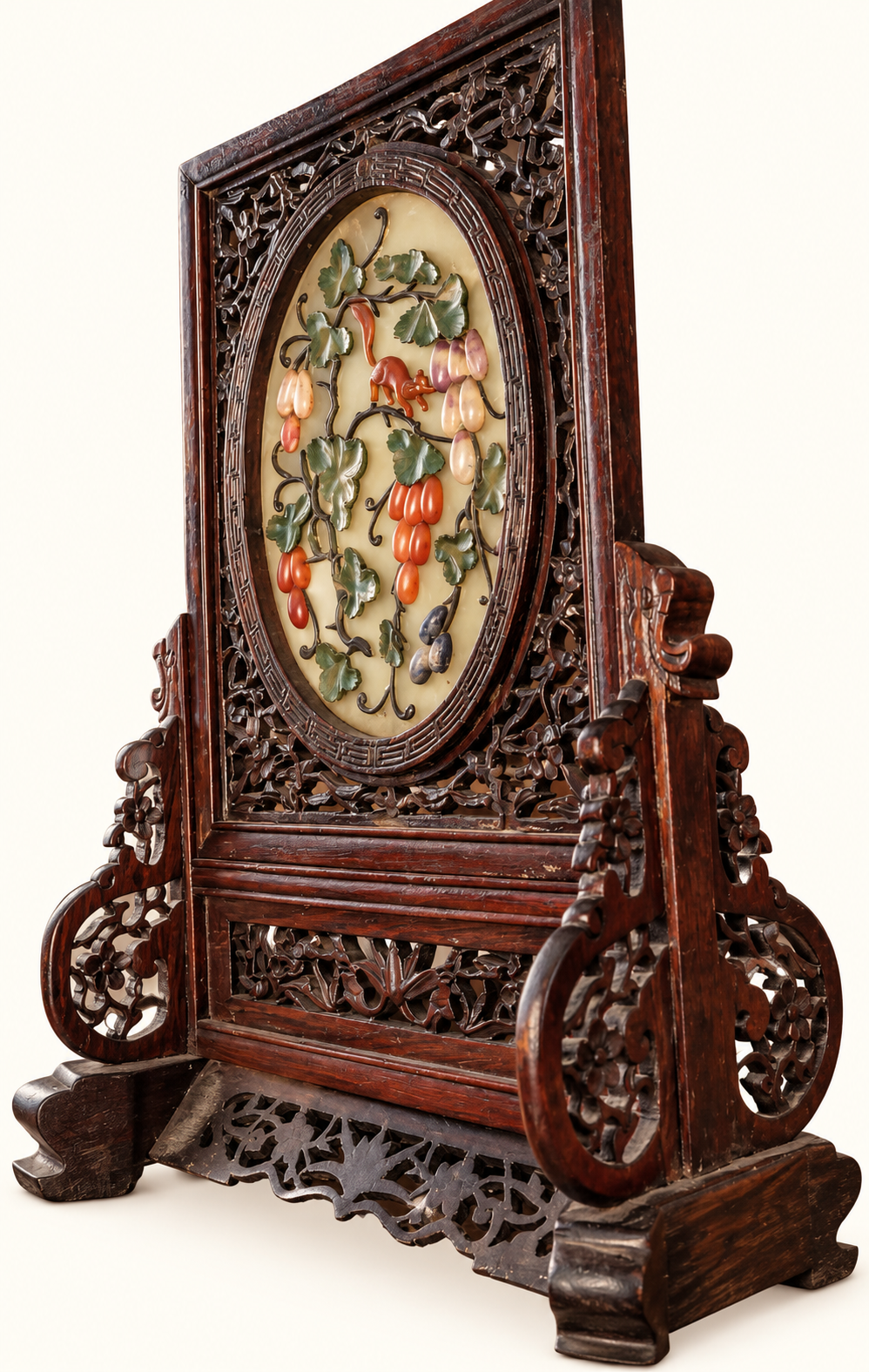 Vintage Chinese Carved Wood Table Screen | Fruit & Squirrel Hardstone-Style Relief