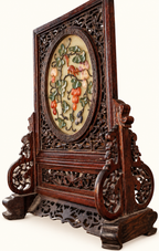Vintage Chinese Carved Wood Table Screen | Fruit & Squirrel Hardstone-Style Relief