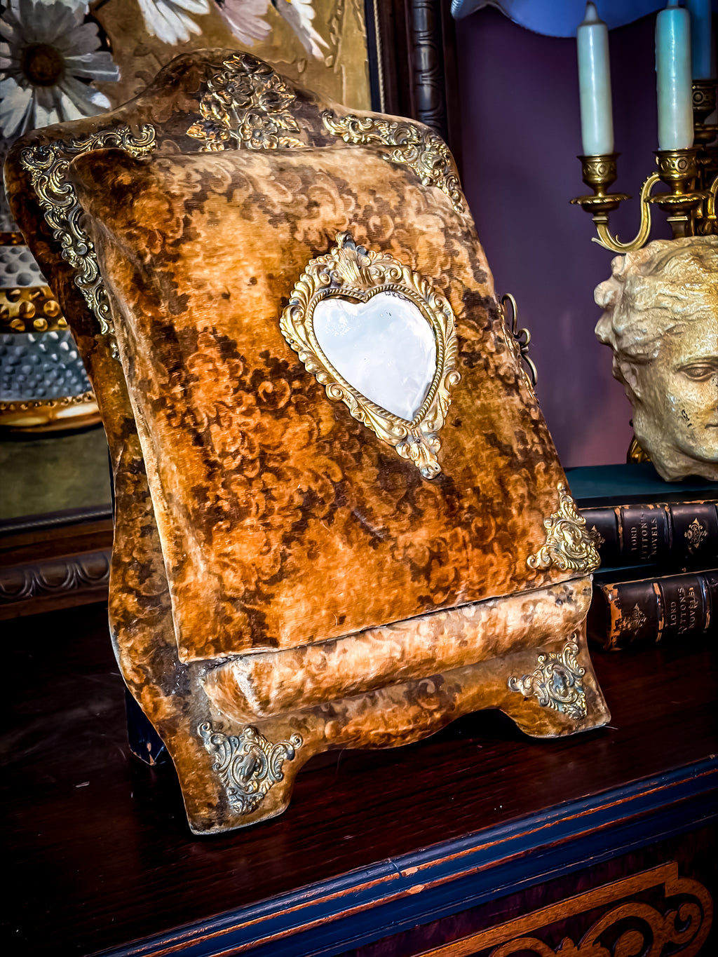 Antique Victorian Velvet Photo Album with Heart Mirror & Ornate Metalwork