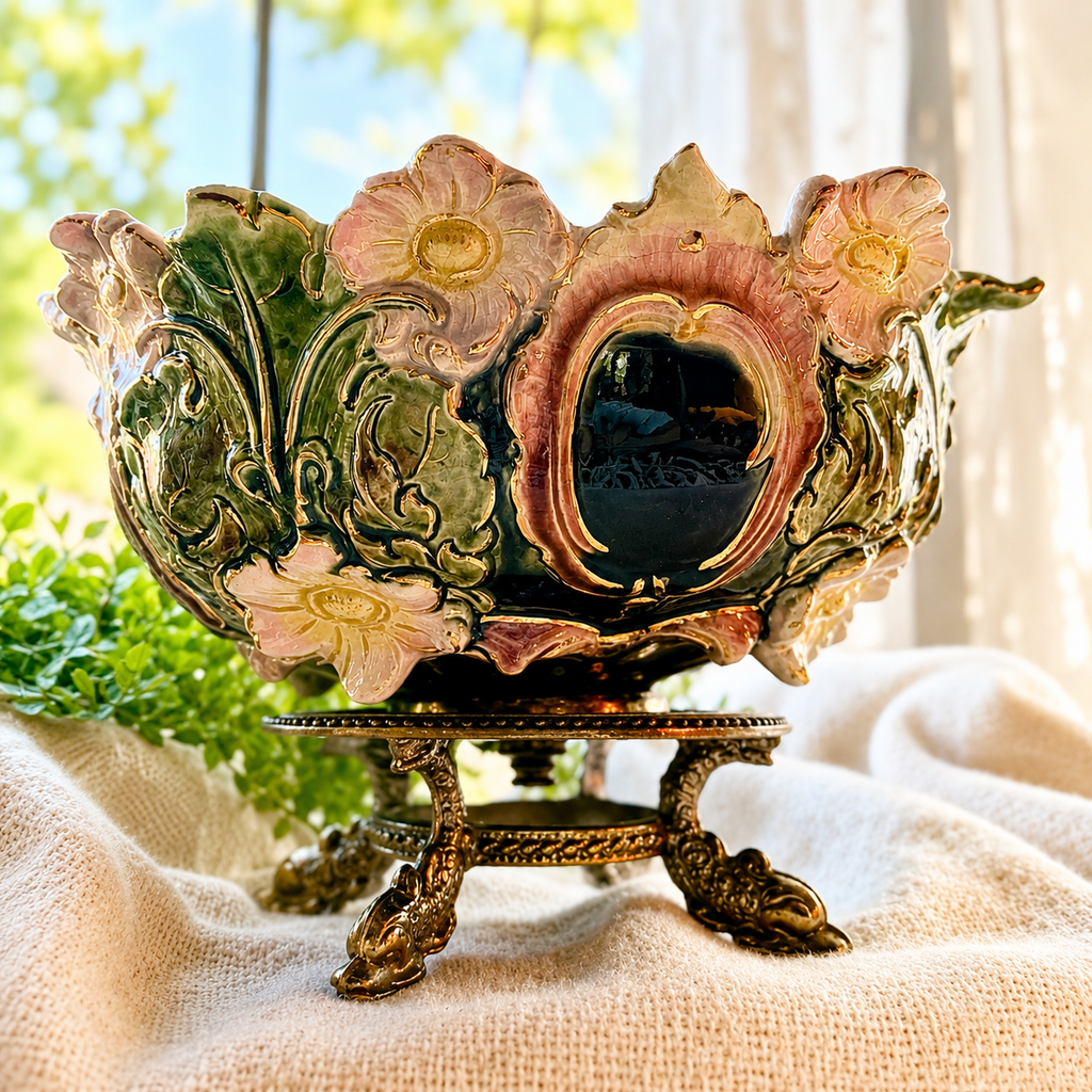 Antique Majolica Style Centerpiece Bowl on Ornate Stand