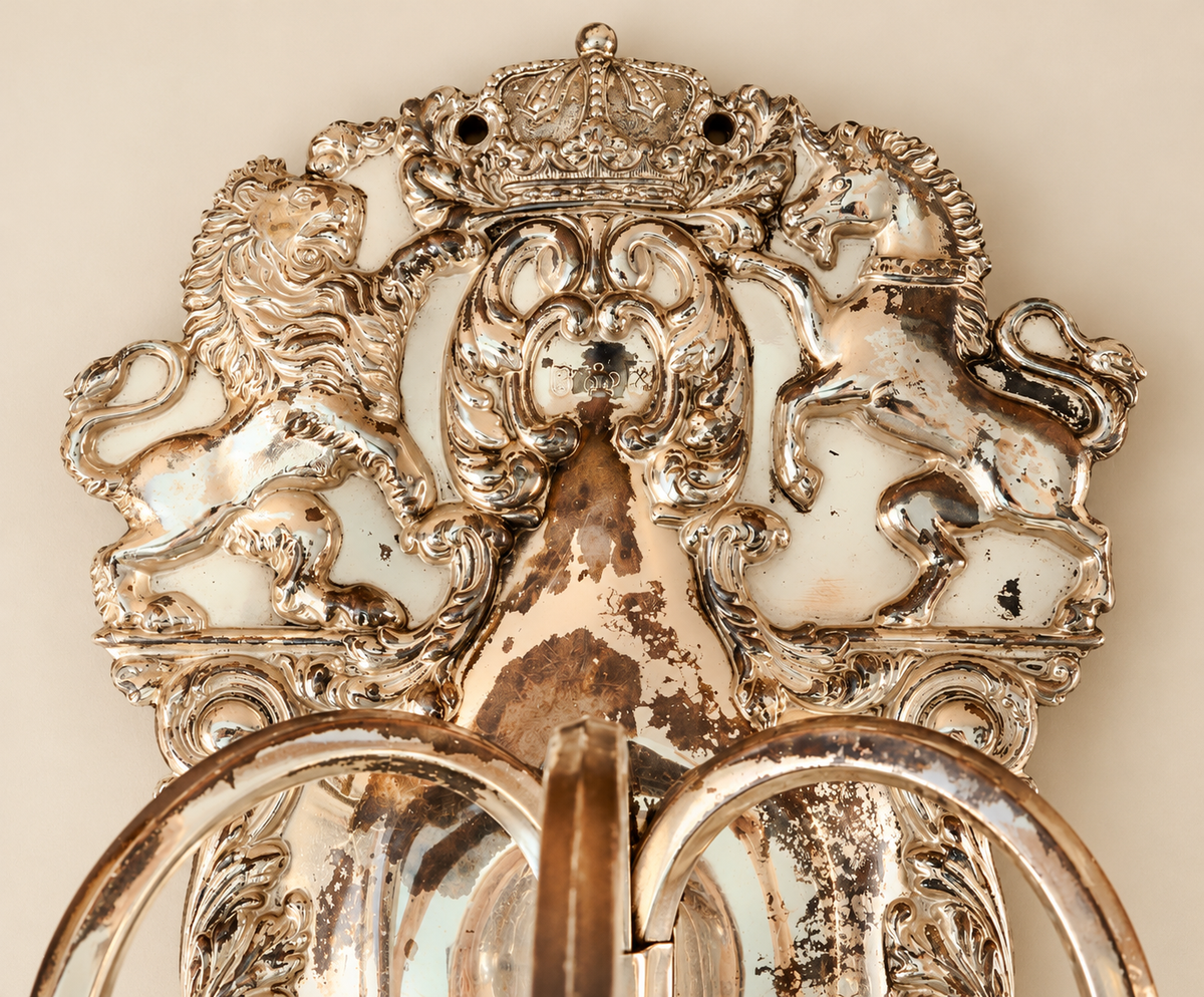 Antique English Hallmarked Royal Crest Crown Pair Sconces